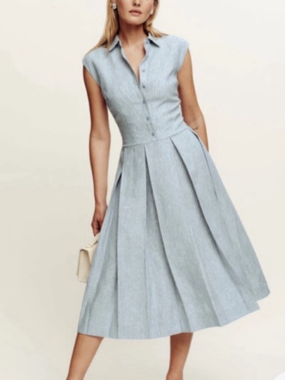 Reformation Prim Linen Midi Dress Cornflower Stripe Blue White Size 10